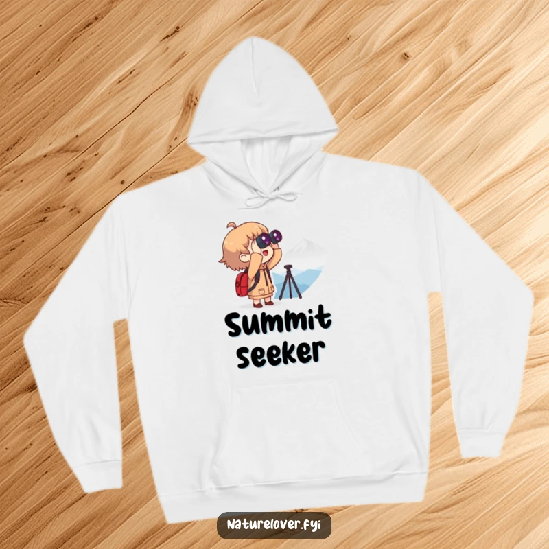 Funny hoodie showing a character excitedly looking through binoculars at a distant mountain range, conveying a sense of funny anticipation and exploration.