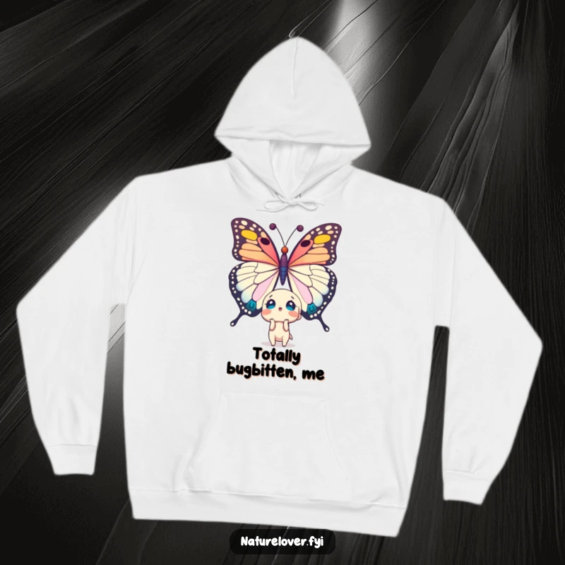Funny hoodie: cute character with a shocked expression stares at a tremendously large butterfly. Excellent funny gift.