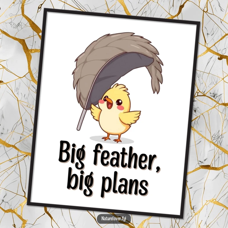 Funny Free Printable Wall Art: Gleeful bird attempting to make a nest out of one massive feather.