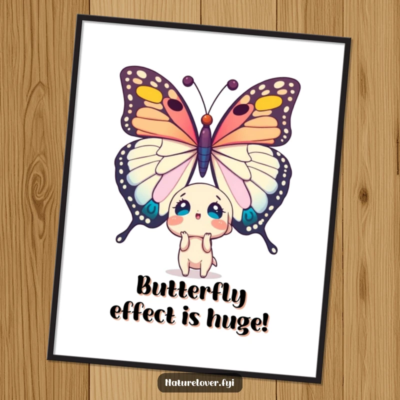 Funny Free Printable Wall Art: Cute character looks up in utter shock at a gigantic, majestic butterfly, humorous downloadable decor.