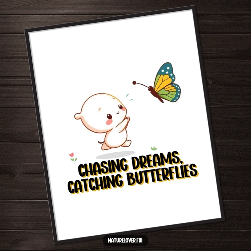 Funny Free Printable Wall Art: A cute kawaii character in playful pursuit of a giant butterfly, bringing whimsical charm to your walls.