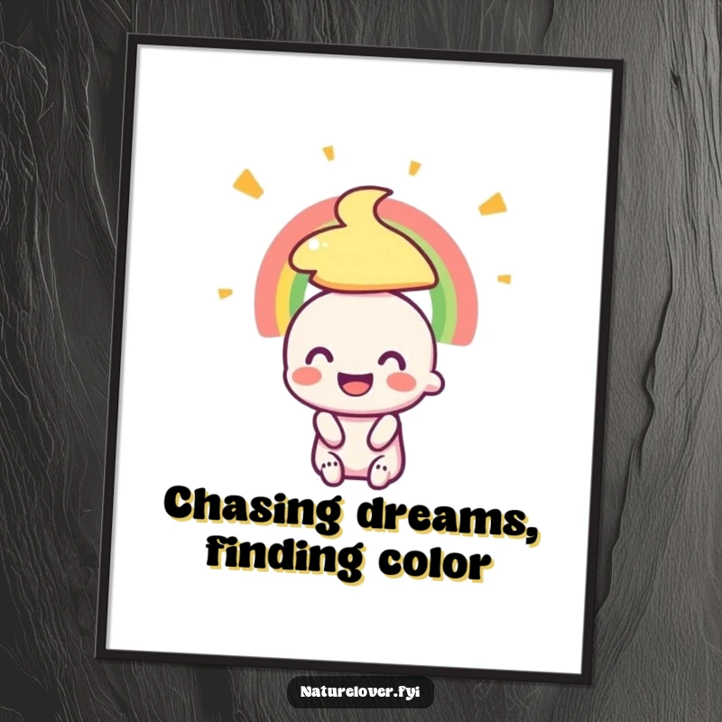 Funny Free Printable Wall Art: A tiny creature with a huge smile adores a vibrant rainbow, bringing joy and color.