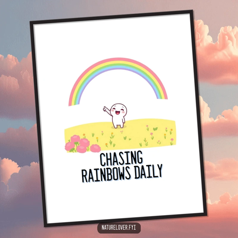 Funny Free Printable Wall Art: A cheerful character excitedly points at a majestic rainbow arching over a lush green field.