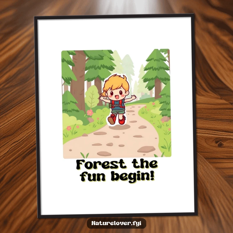 Funny Free Printable Wall Art: Character in hiking boots merrily skips along a forest path, inspiring downloadable art.