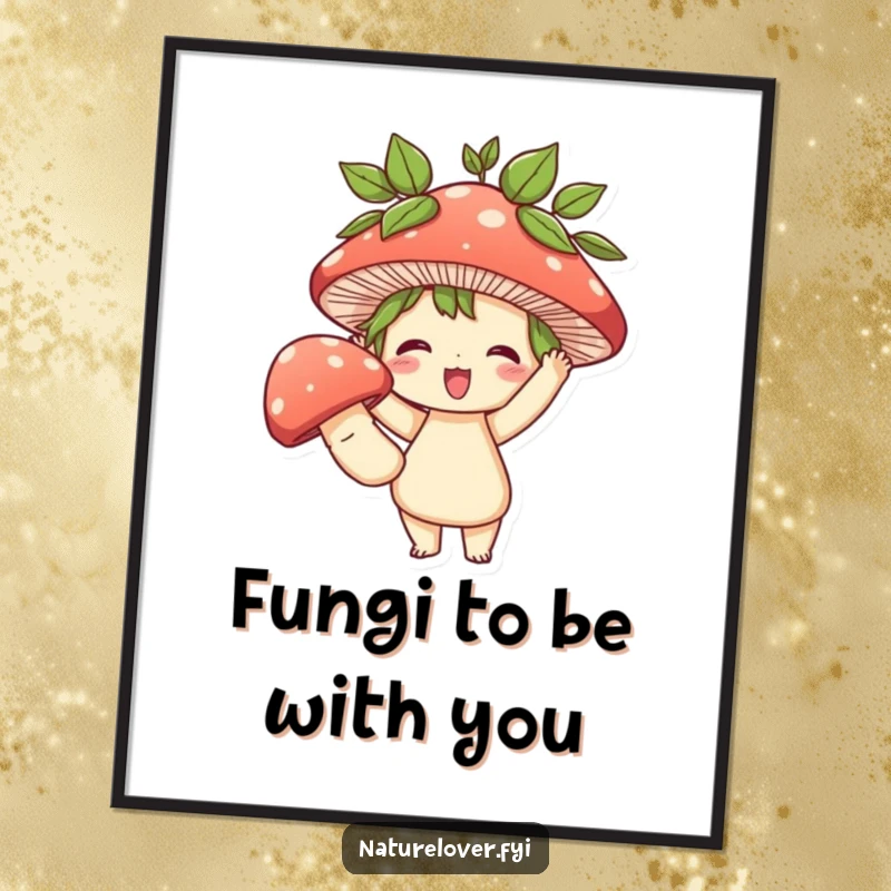 Funny Free Printable Wall Art: Character with leaves in hair, triumphantly holding a large mushroom, whimsical decor.