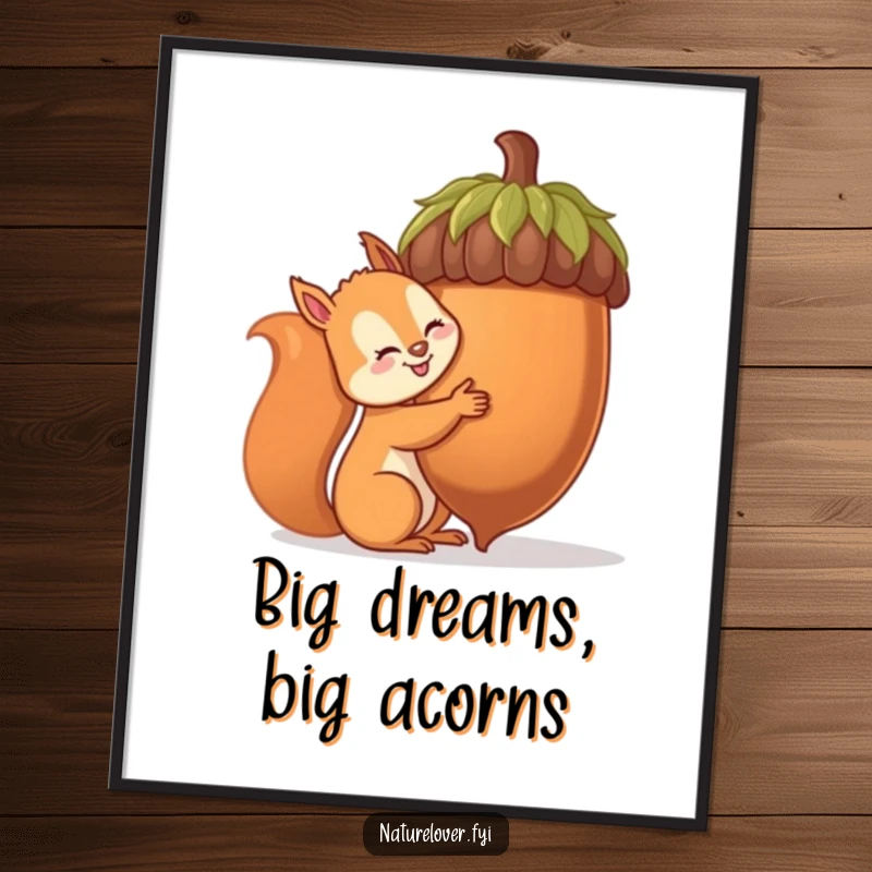 Funny Free Printable Wall Art: A cheerful squirrel trying to hug an impossibly large acorn. Playful decor.