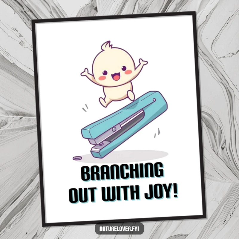 Funny Free Printable Wall Art: Cute character with a happy bounce leaping over a giant fallen twig, an image of pure joy.