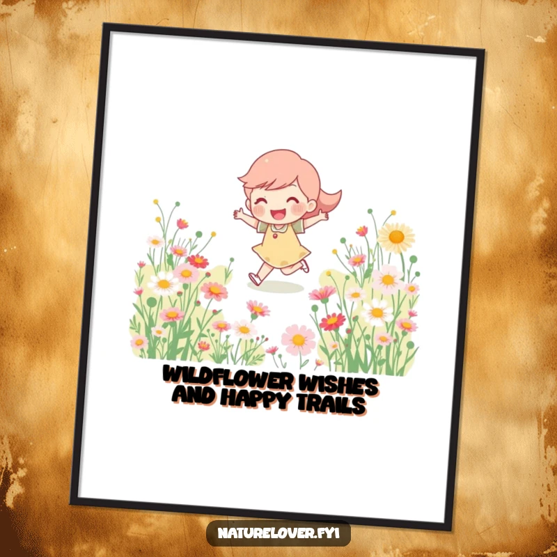 Funny Free Printable Wall Art: Happy character joyfully skipping through a field of blooming wildflowers, full of life.