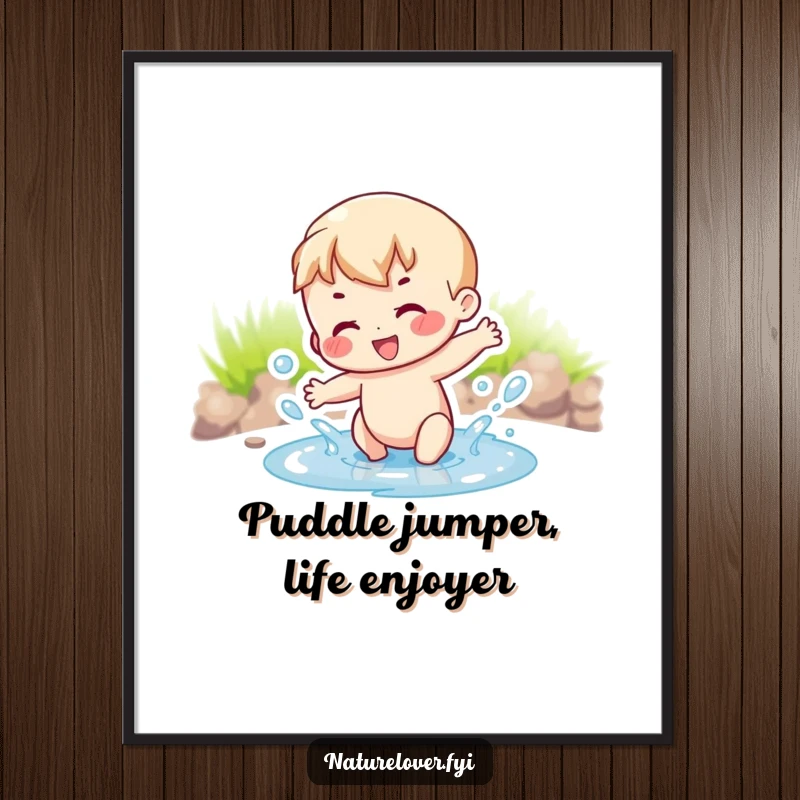 Funny Free Printable Wall Art: A character joyfully splashing in a tiny puddle, depicting carefree fun and simple pleasures.