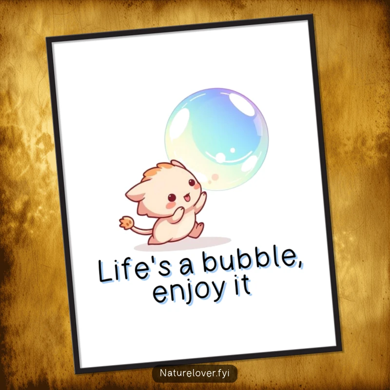 Funny Free Printable Wall Art: A creature playfully chases a floating iridescent bubble, capturing a moment of pure delight.
