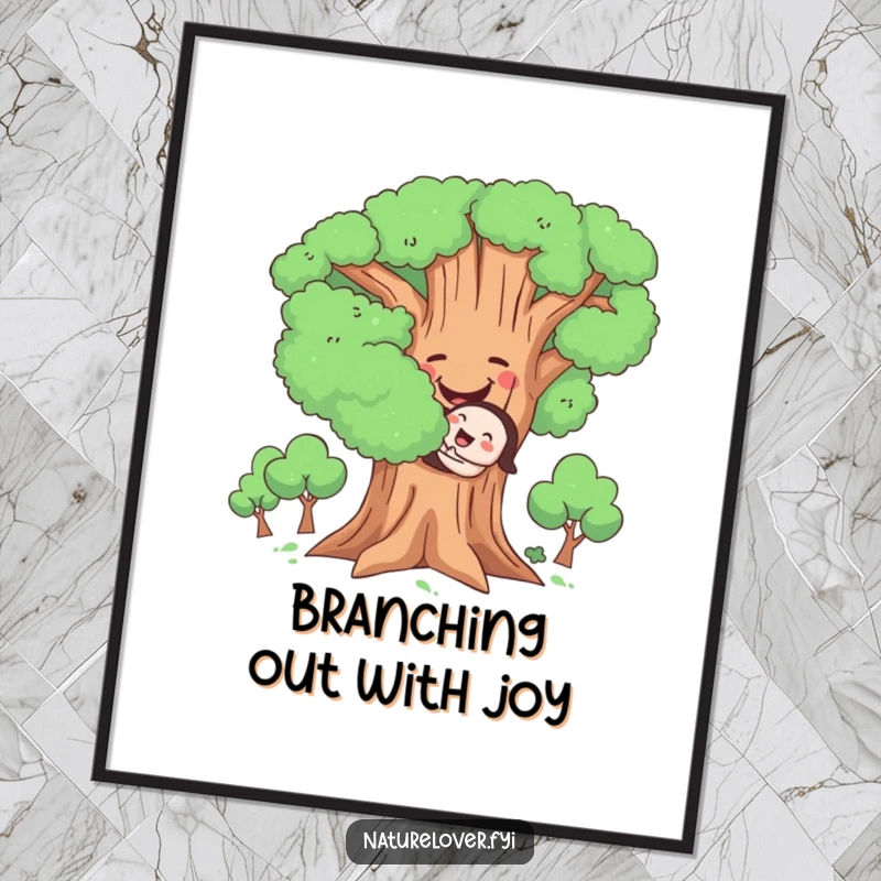 Funny Free Printable Wall Art: A cute character in a joyful, tight hug with a large, smiling tree.