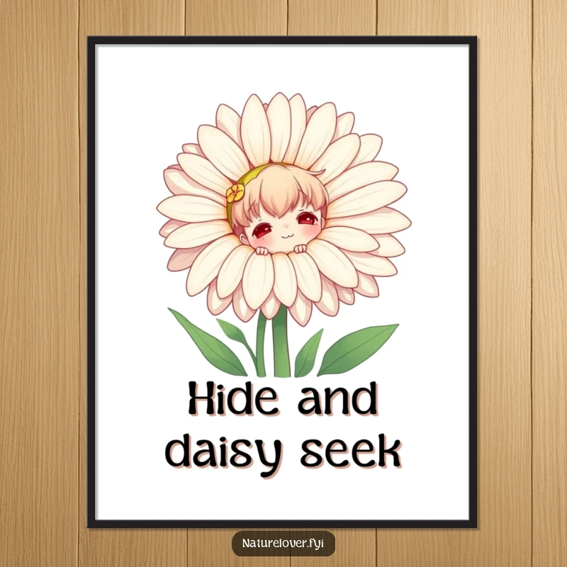 Funny free printable wall art, nature lover character peeking playfully from behind a colossal, cheerful daisy.