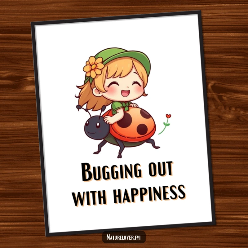 Funny Free Printable Wall Art: Nature lover character giggling while riding a friendly ladybug, whimsical and joyful.