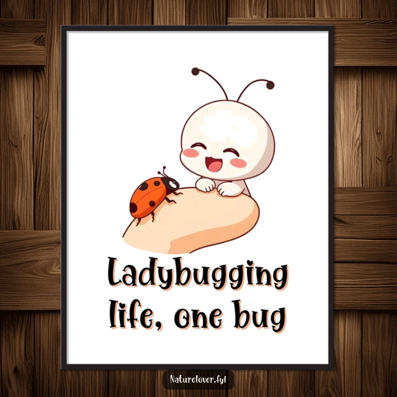 Funny Free Printable Wall Art: A small character laughs joyfully as a curious ladybug crawls along its finger, a moment of sweet connection.
