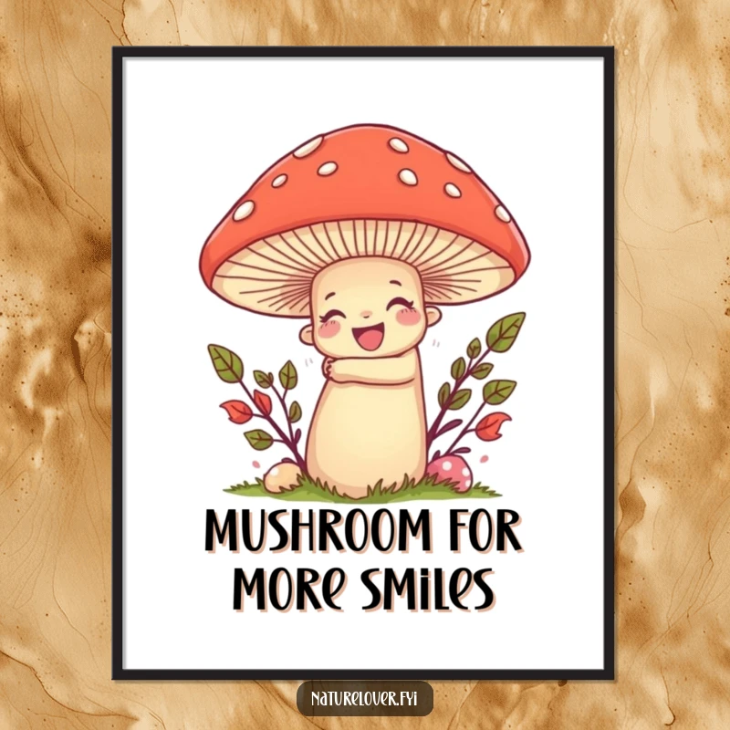 Funny Free Printable Wall Art: Nature lover character enthusiastically embracing a large, smiling mushroom, whimsical woodland art.