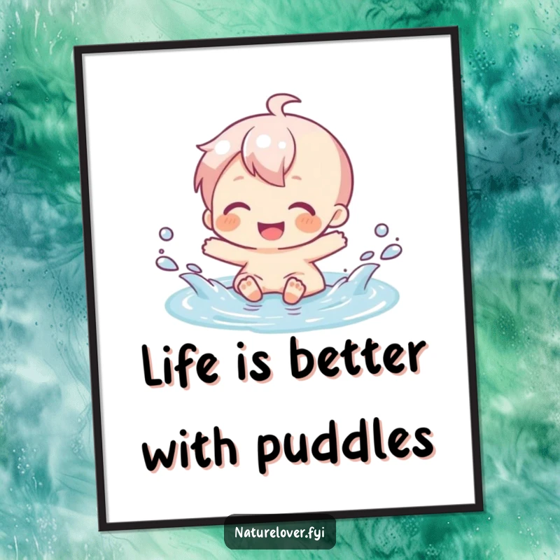 Funny Free Printable Wall Art: Character gleefully splashing with utter delight in a tiny puddle, radiating joy.