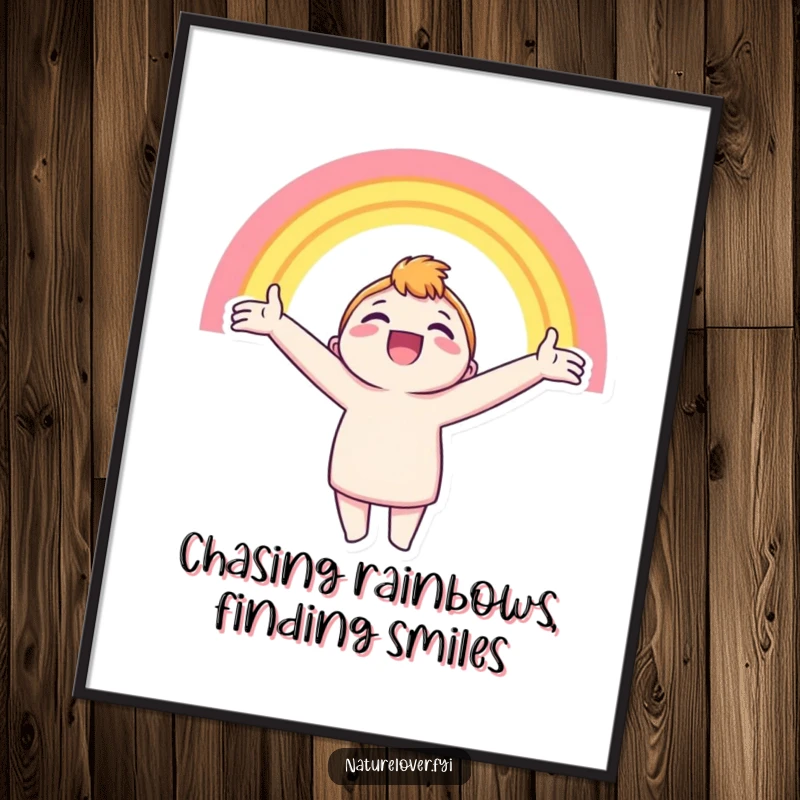 Funny Free Printable Wall Art: Character with outstretched arms beams at a vivid rainbow. Inspiring downloadable art.