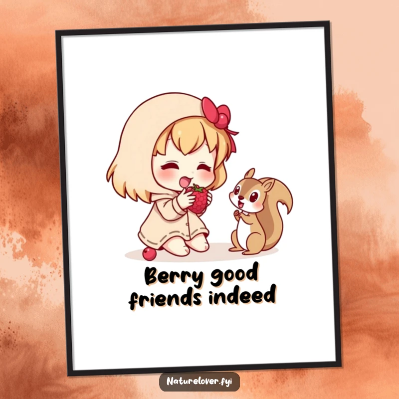 Funny free printable wall art: a small character offers a berry to a curious squirrel, creating a scene of heartwarming companionship.