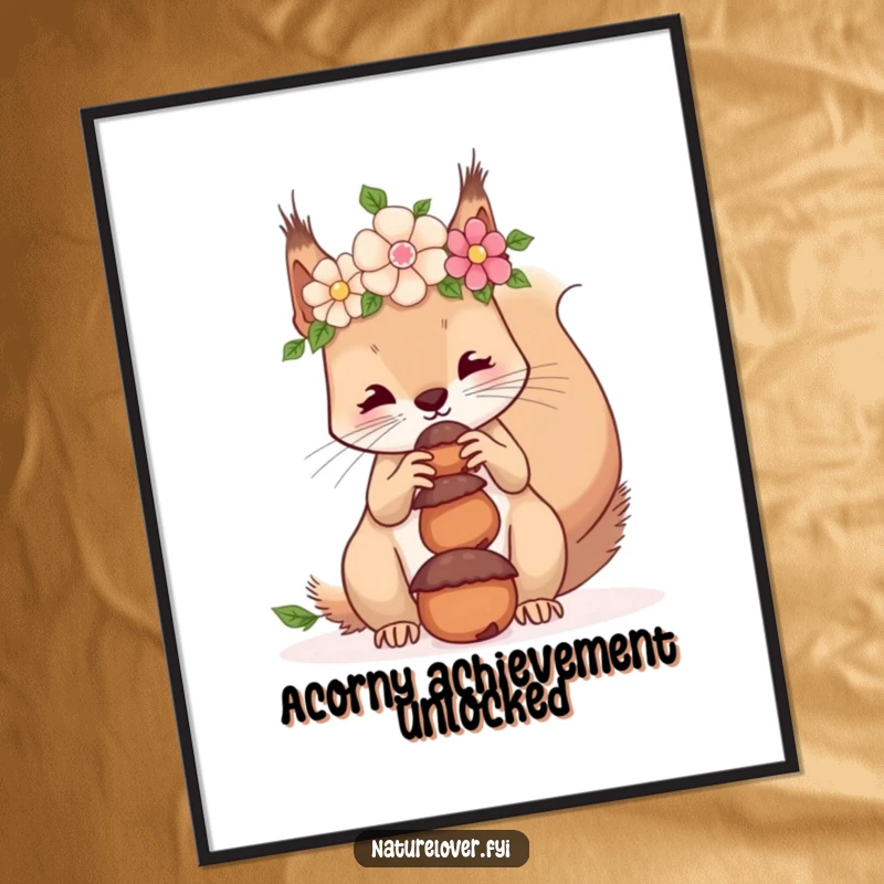Funny Free Printable Wall Art: A squirrel in a flower crown balances a stack of acorns on its nose, creating amusing decor.