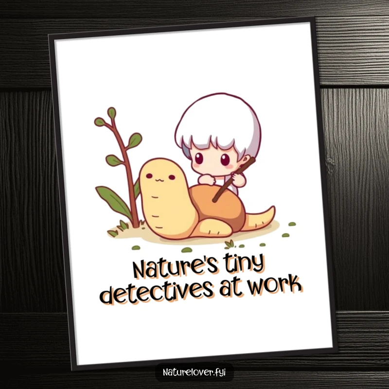 Funny Free Printable wall art showing a tiny character poking a worm with a twig, a humorous and cute scene.