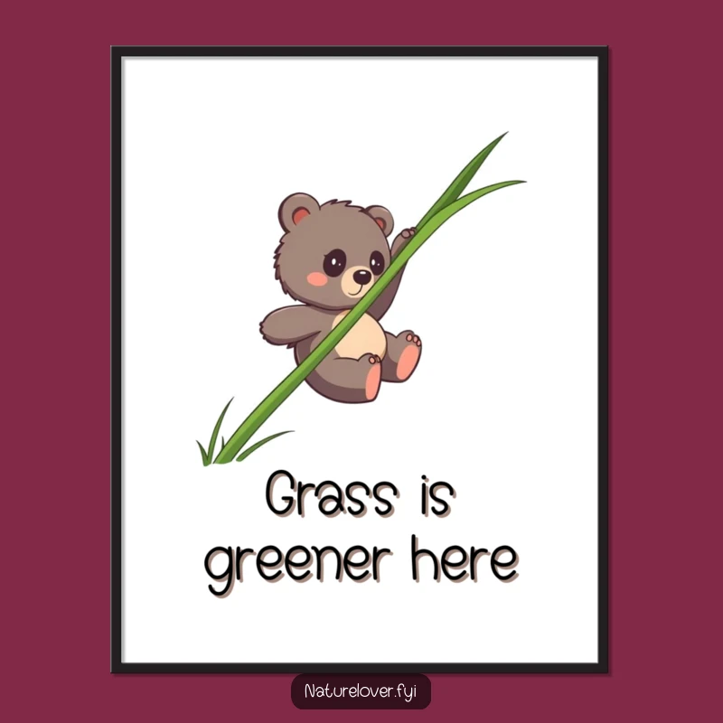 Free Printable Wall Art: Clumsy Bear Cub Grass Slide, Quirky Decor