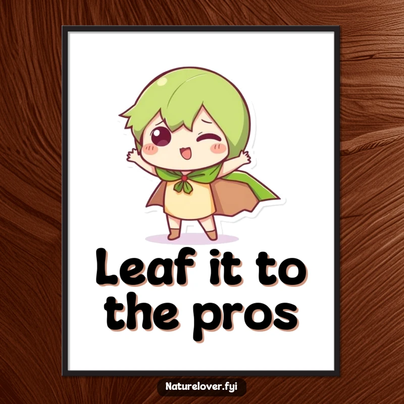 Free Printable wall art featuring a little character sporting a leaf cape and striking a funny, attention-grabbing pose.