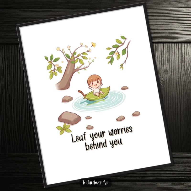 Funny free printable wall art: a small character blissfully floating down a stream on a simple fallen leaf boat.