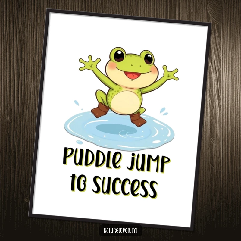 Funny Free Printable Wall Art: A frog in tiny boots gleefully jumping into a colossal puddle.