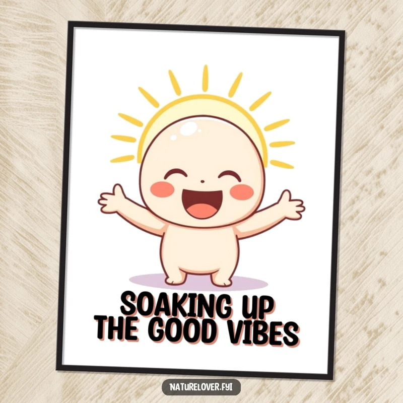 Funny Free Printable Wall Art: Cheerful sunshine character with arms wide open, bathed in a bright, optimistic light.