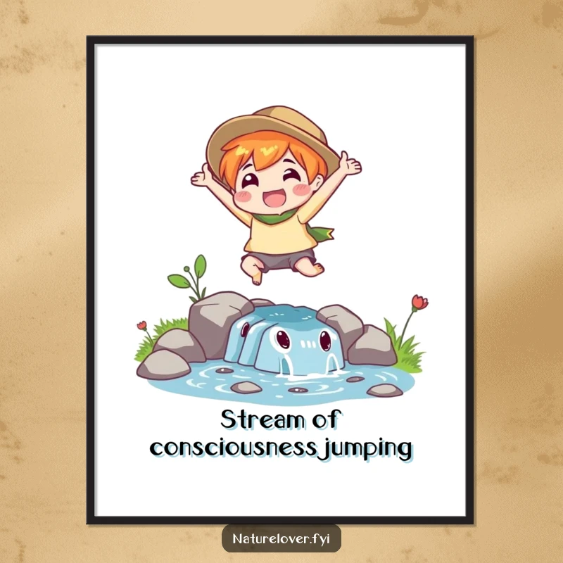 Free Printable wall art showing a nature lover character enthusiastically leaping over a small stream, embodying freedom and fun.