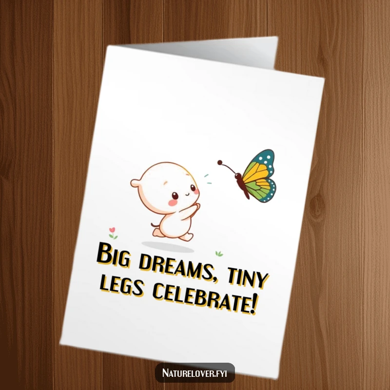 Funny Free Printable Birthday Card: Cute kawaii character hilariously pursuing an oversized butterfly, capturing pure, whimsical birthday fun.