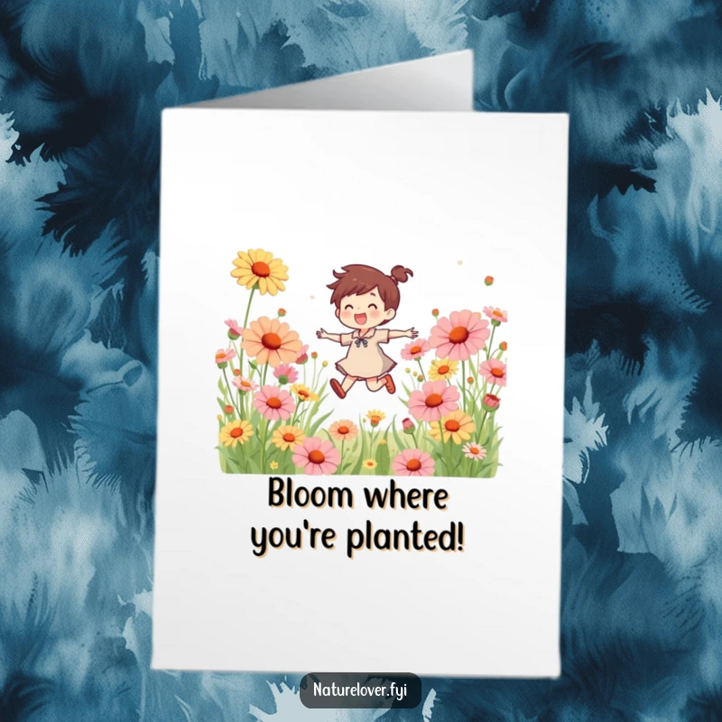 Funny Free Printable Birthday Card featuring a happy character skipping through giant colorful wildflowers, spreading cheer.