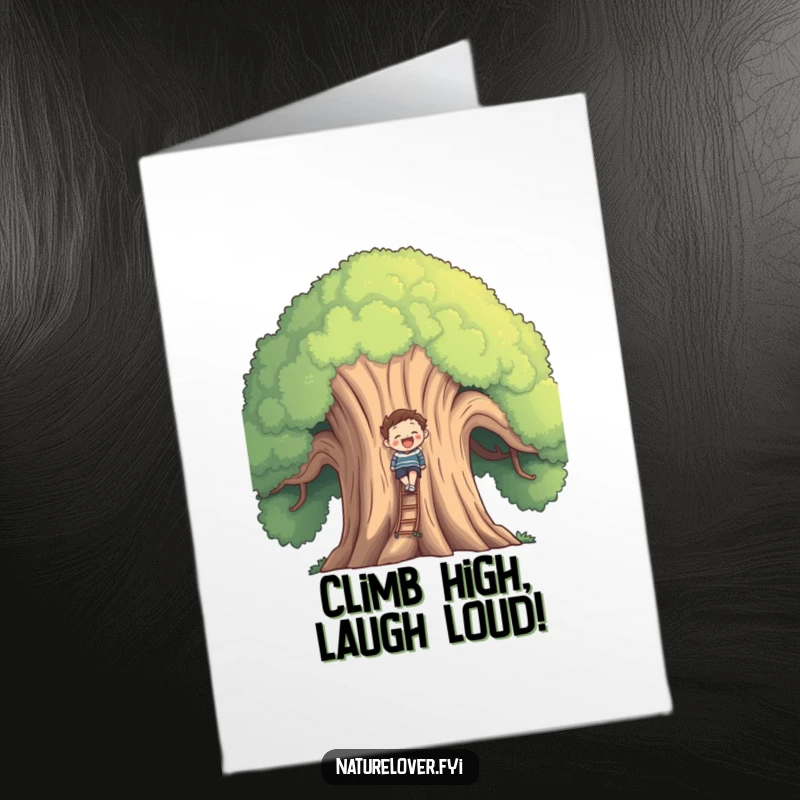 Funny Free Printable Birthday Card: A smiling figure ambitiously climbing a huge, friendly tree, celebrating birthday growth.