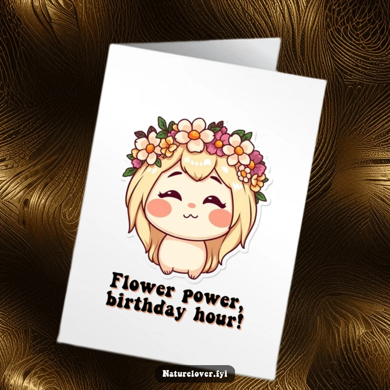 Funny free printable birthday card, nature lover character making a goofy face while adorning a flower crown.