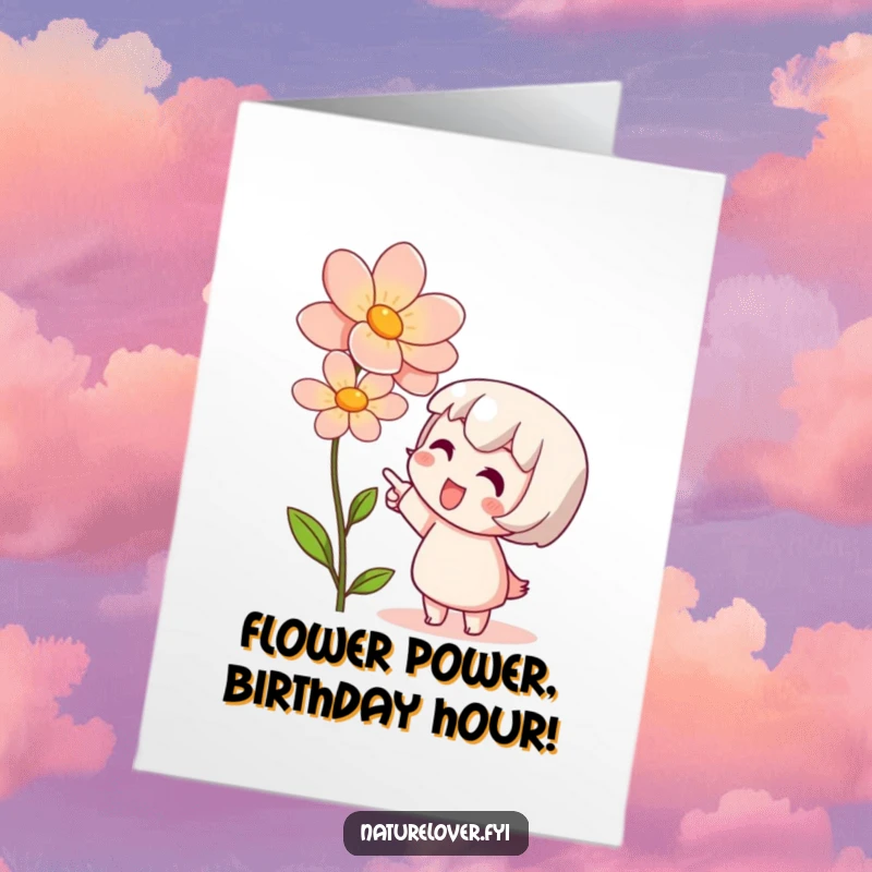 Funny Free Printable Birthday Card: Cute character points with pure joy at a blooming flower, a delightful DIY gift.