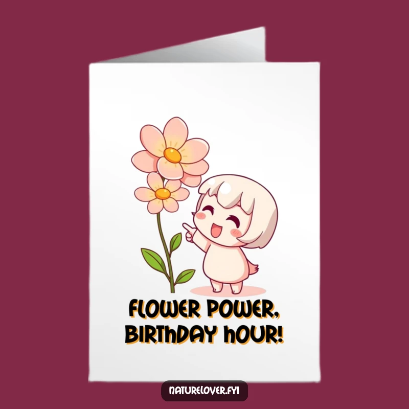 Free Printable Birthday Card: Admiring Flower Cute Character Funny Downloadable Gift