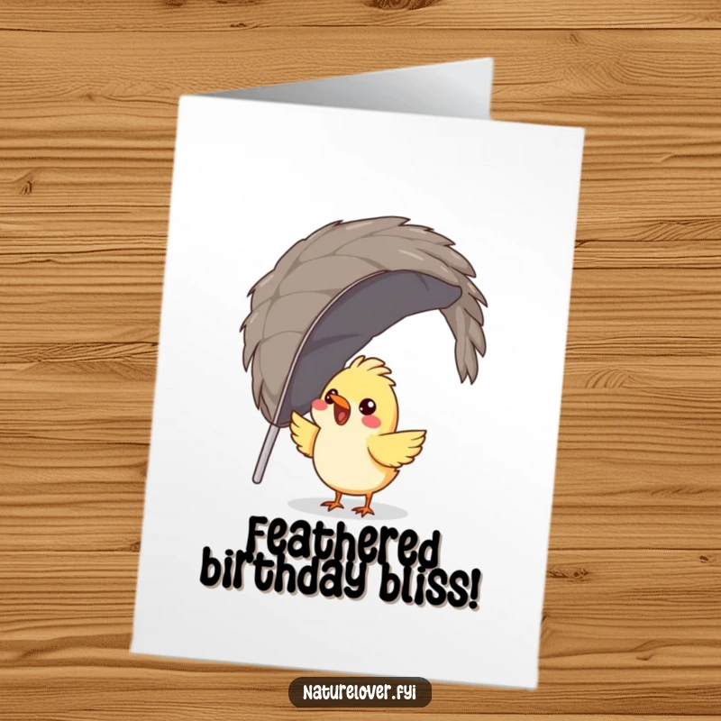 Funny Free Printable Birthday Card: Gleeful bird attempting to build a nest using one enormous feather.