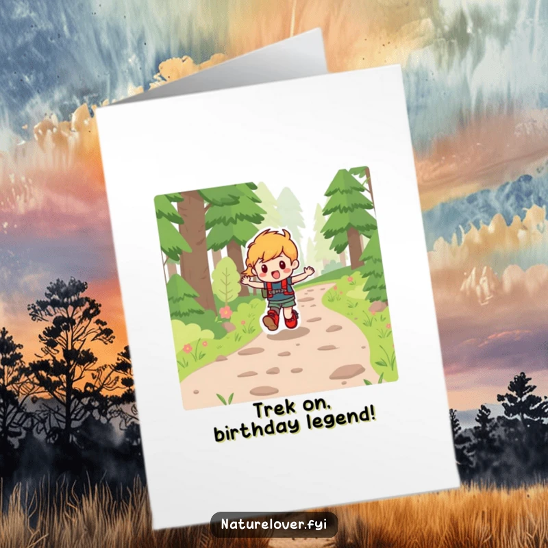 Funny Free Printable Birthday Card: Cheerful character in hiking boots skips merrily along a forest path, a great DIY gift.