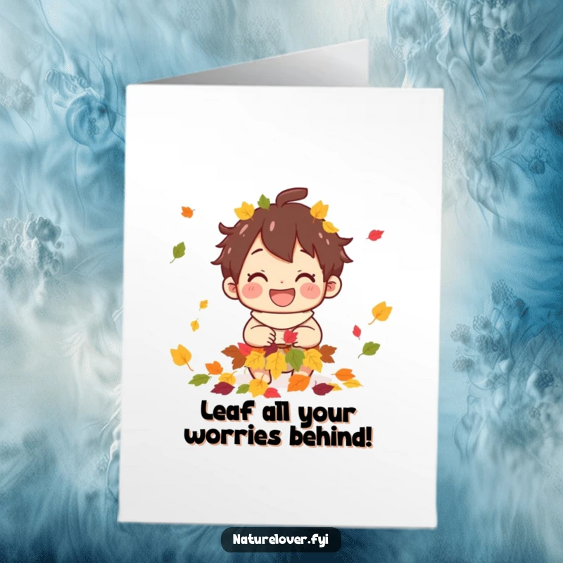 Funny Free Printable Birthday Card: Joyful character grinning while collecting colorful autumn leaves, celebrating the season.