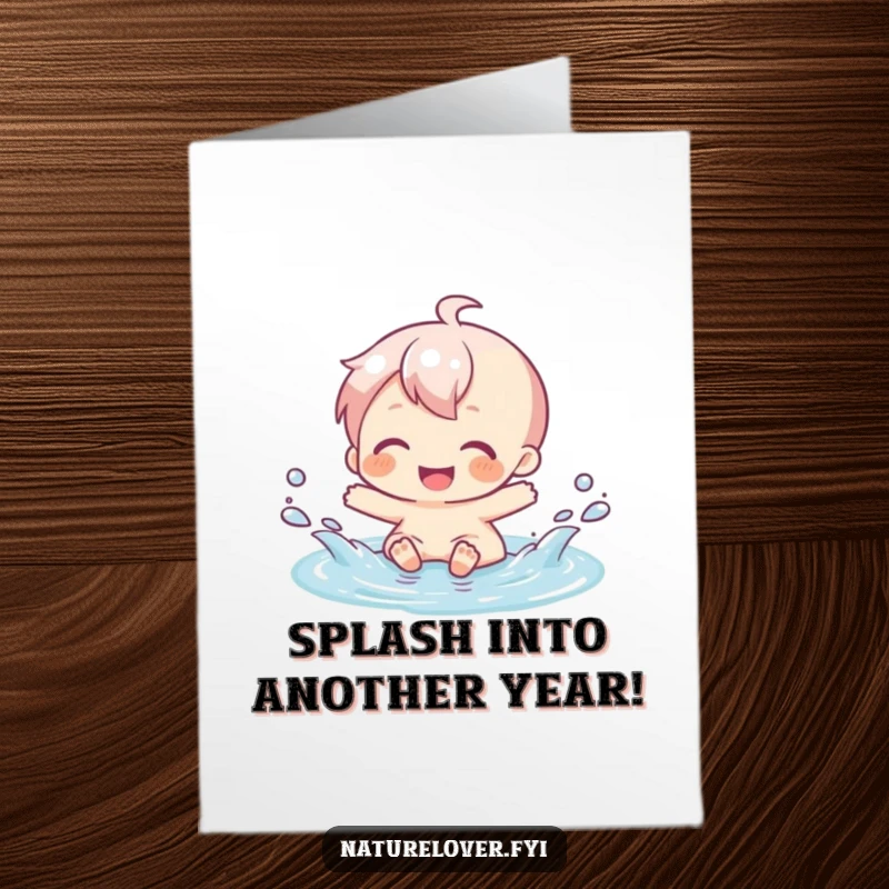 Funny Free Printable Birthday Card: Character gleefully splashing with abandon in a very small puddle, pure unadulterated joy.