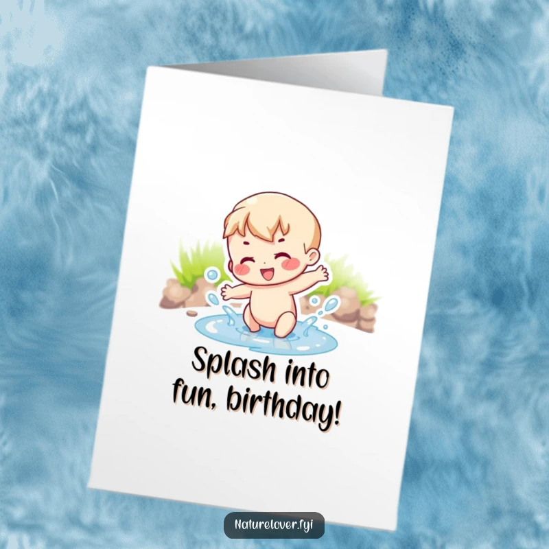 Funny Free Printable Birthday Card: A character joyfully splashing in a small puddle, embodying pure, simple birthday delight.