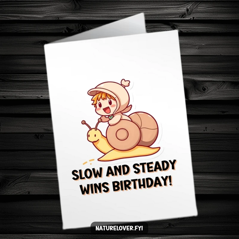 Funny Free Printable Birthday Card: Little character joyfully rides a snail like a racehorse at top speed, a hilarious DIY gift.