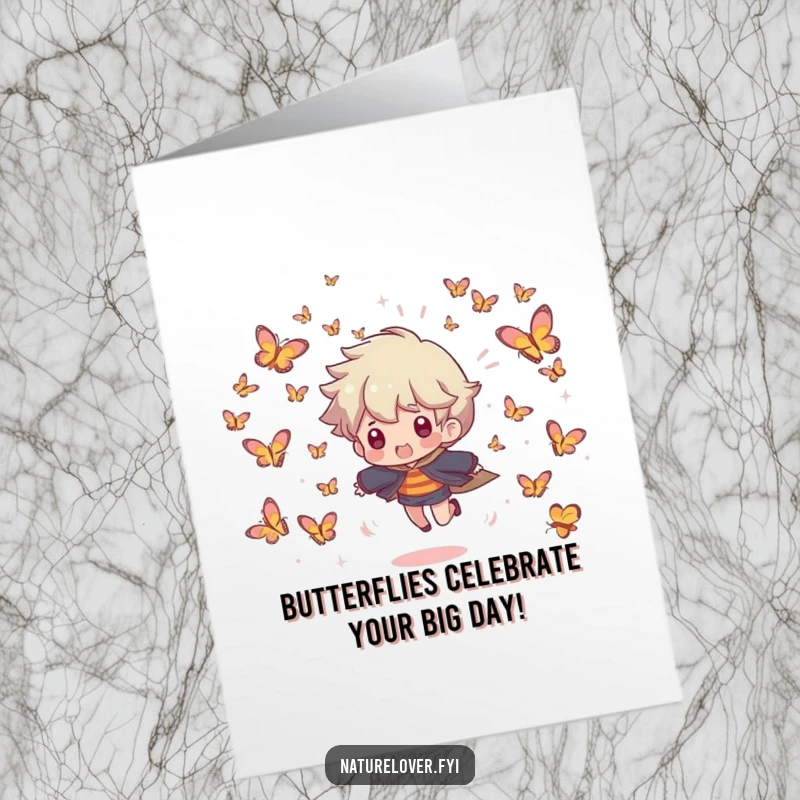 Funny Free Printable Birthday Card: Character playfully chased by smiling butterflies, a delightful birthday wish. DIY gift.