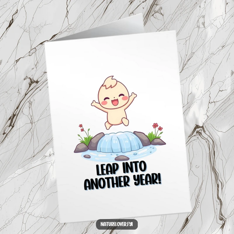 Funny Free Printable Birthday Card: A happy character joyfully leaps over a small, bubbling stream.