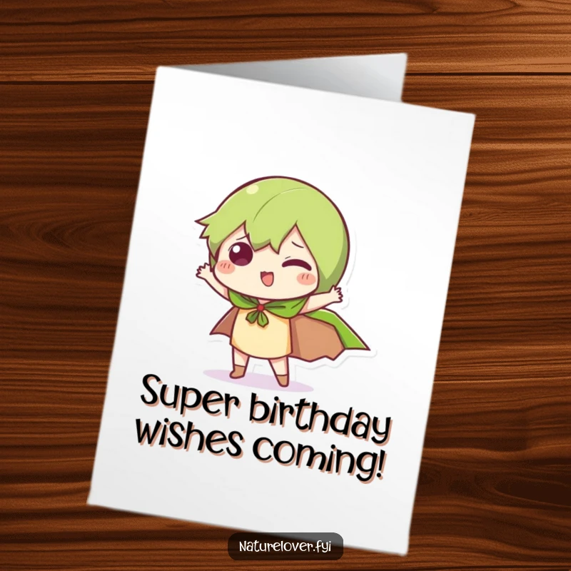 Funny Free Printable birthday card featuring a little character in a leaf cape striking a comical pose, a playful hero.