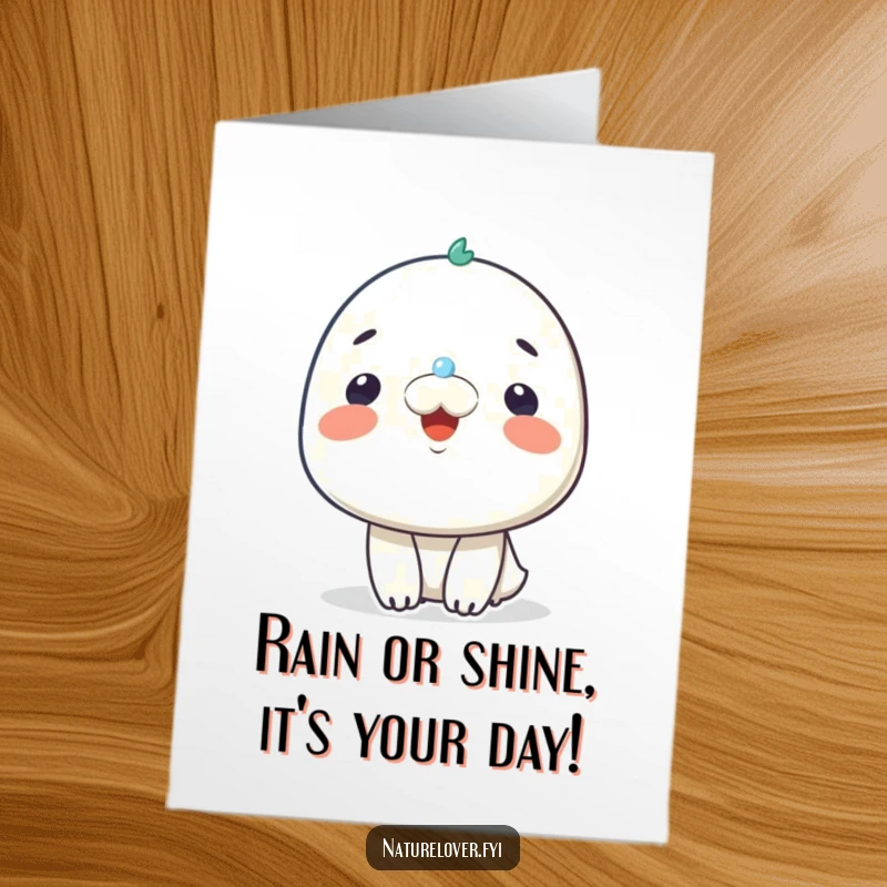 Funny Free Printable Birthday Card showing a character delighted by a tiny raindrop on its nose, smiling widely.