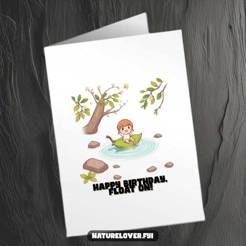 Funny free printable birthday card: small character joyfully floating down a stream on a fallen leaf, peaceful adventure.