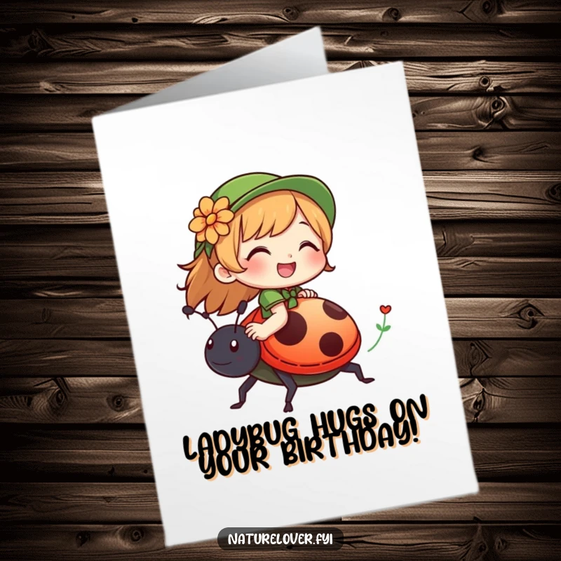Funny Free Printable Birthday Card: Nature lover character giggling while joyfully riding a friendly ladybug, a happy journey.