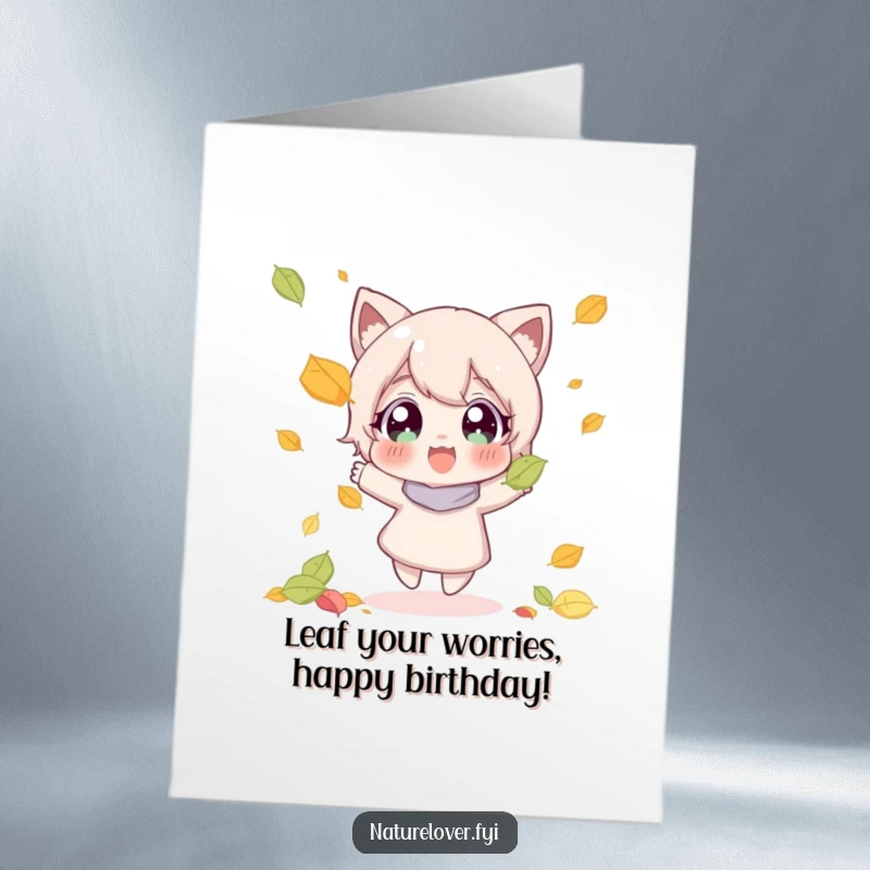 Funny Free Printable Birthday Card: Character joyfully catches a falling leaf with wide, happy eyes, a delightful DIY gift.