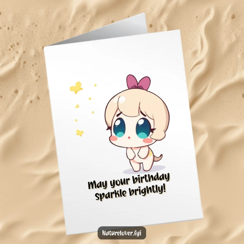 Funny Free Printable Birthday Card: Cute character gazes with wide, amazed eyes at fireflies appearing in the magical night.